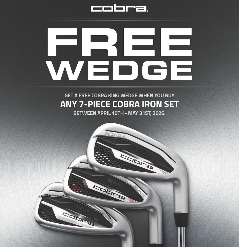 Promotional advertisement for Cobra golf irons with a free wedge offer.